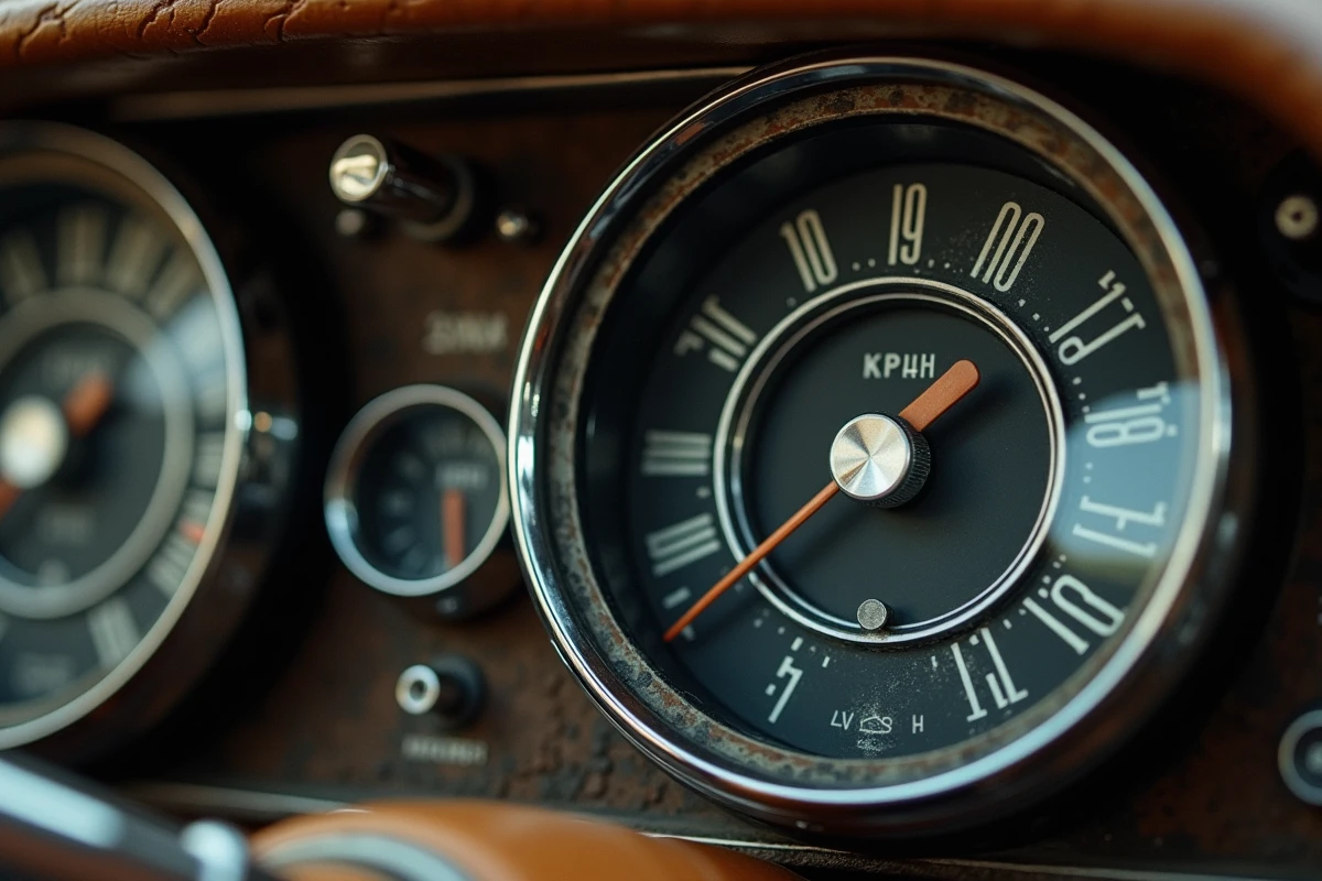 Gros plan sur un compteur de vitesse vintage avec double échelle mph et kph sur tableau de bord rétro