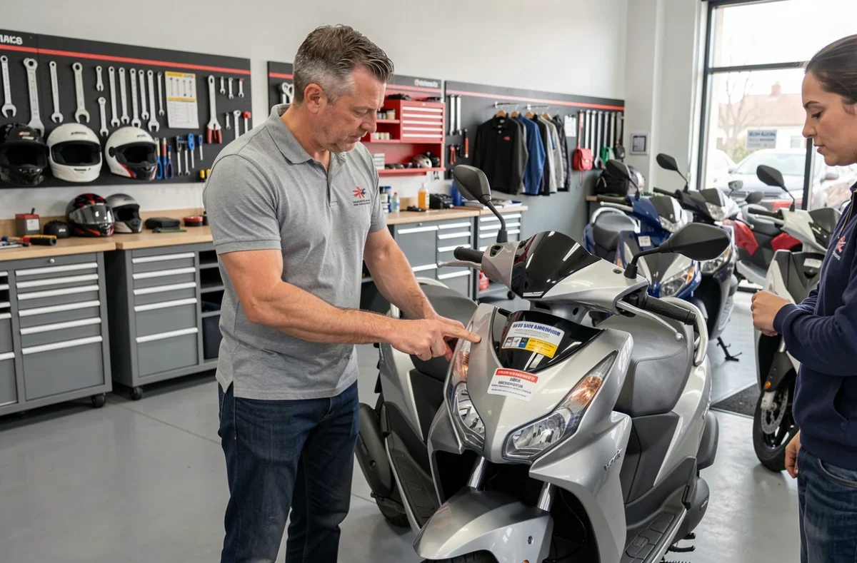Concessionnaire moto expliquant où coller l'autocollant d'assurance sur un scooter en atelier