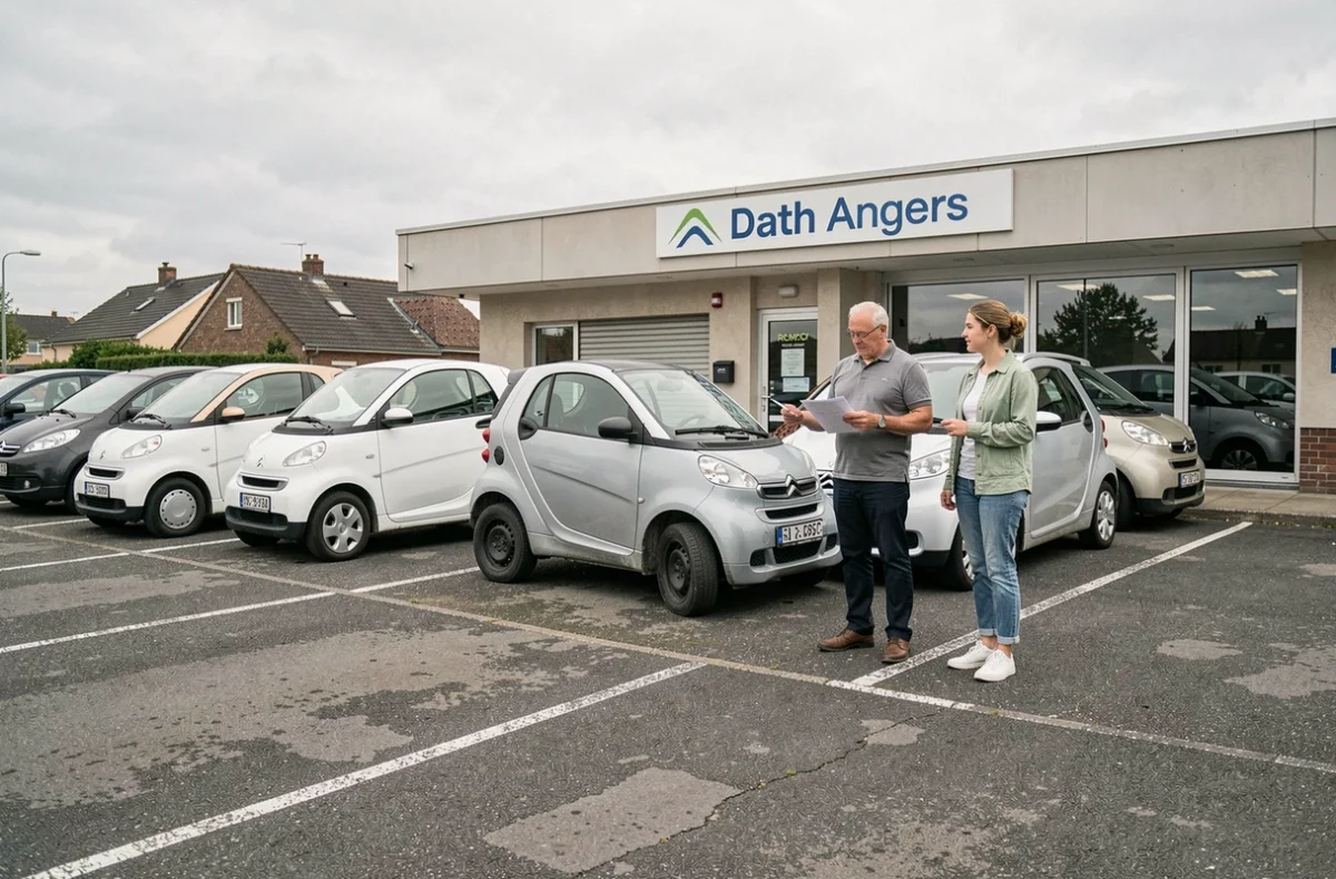 Vendeur et cliente examinant des voitures sans permis d'occasion dans un concessionnaire à Angers