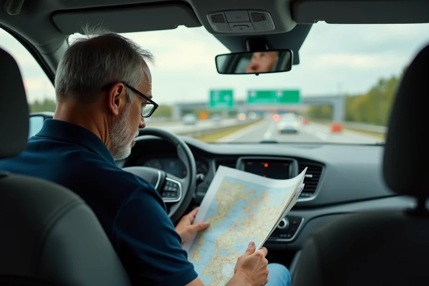 Conducteur étudiant une carte routière en France pour repérer les portions d'autoroute gratuites sans péage