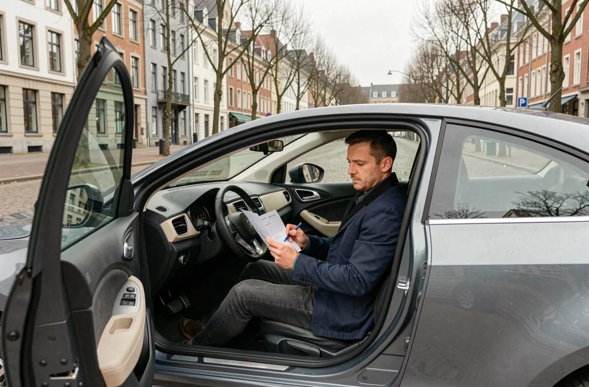 Conducteur tenant un document de vignette dans sa voiture garée sur un boulevard bruxellois en 2026