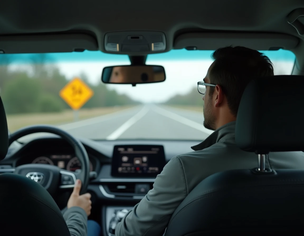 Conducteur en voiture observant un panneau losange jaune et blanc indiquant la priorité sur la route