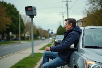 Homme en voiture regardant un radar de vitesse en extérieur