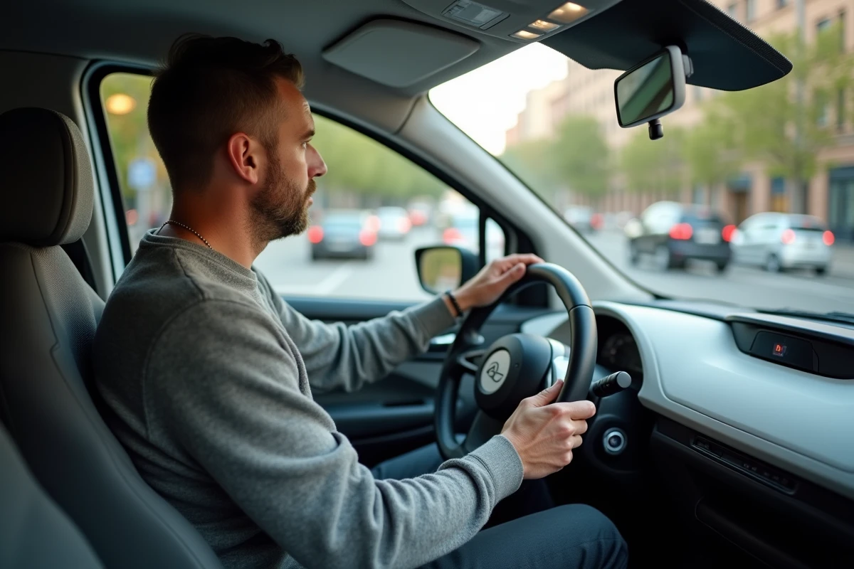 Homme au volant d'une voiturette électrique sans permis dans un environnement urbain, illustrant les nouveaux usages de mobilité partagée