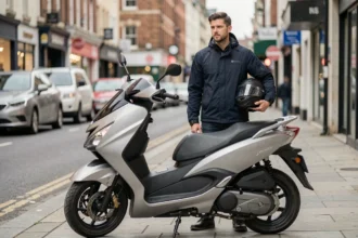 Jeune homme avec casque et veste textile debout à côté d'un Yamaha Xmax 125 argenté garé en ville