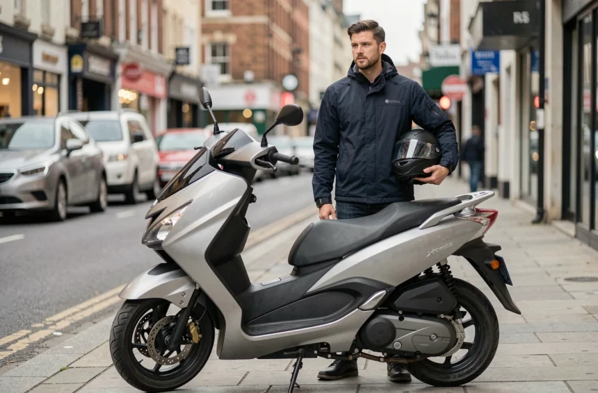 Jeune homme avec casque et veste textile debout à côté d'un Yamaha Xmax 125 argenté garé en ville