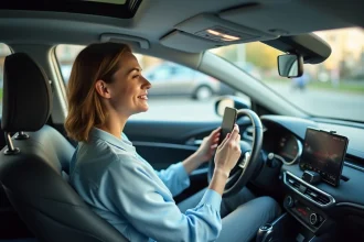 Conductrice consultant une application de score de conduite sur smartphone dans sa voiture moderne