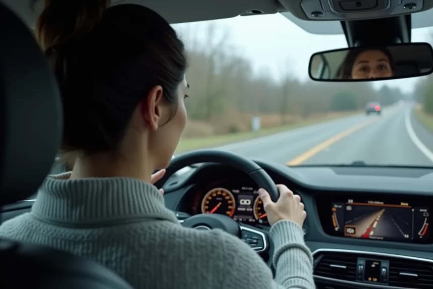 Conductrice regardant le compteur de vitesse avec affichage mph et kph dans une voiture moderne