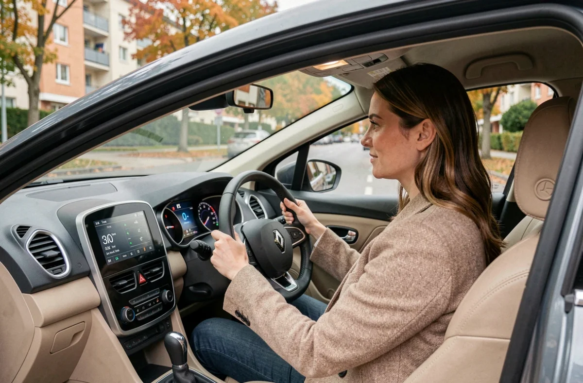 Conductrice consultant l'affichage de consommation en temps réel sur le tableau de bord numérique d'une Renault à essence en zone urbaine