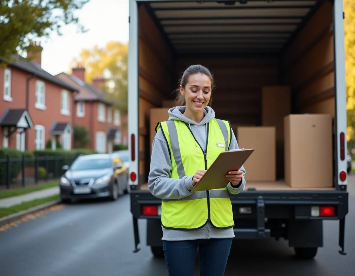 Conductrice livrant des marchandises avec un camion porteur de taille intermédiaire, représentant l'usage du permis C1 en zone urbaine