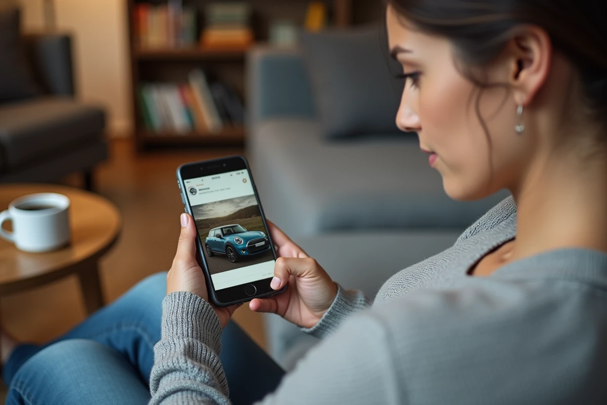 Femme consultant une annonce de voiture d'occasion sur smartphone pour négocier à distance