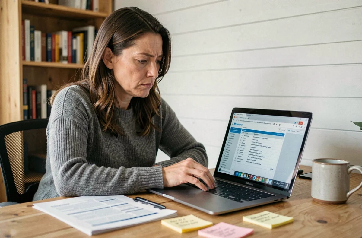 Femme consultant un rapport d'historique de véhicule sur ordinateur pour sécuriser son achat automobile en ligne