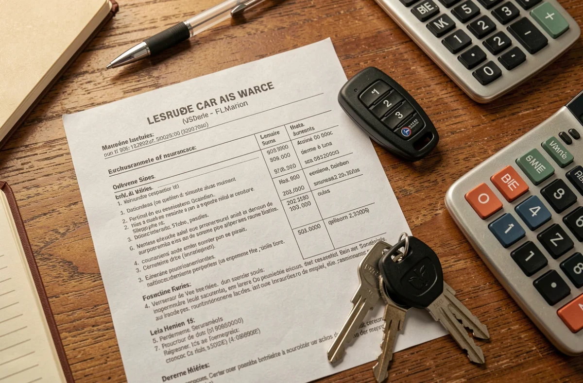 Vue de dessus d'un contrat d'assurance voiture français avec clés de voiture et calculatrice sur un bureau en bois