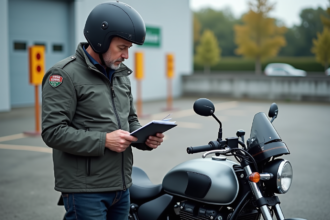 Motard homme vérifiant documents devant sa moto moderne