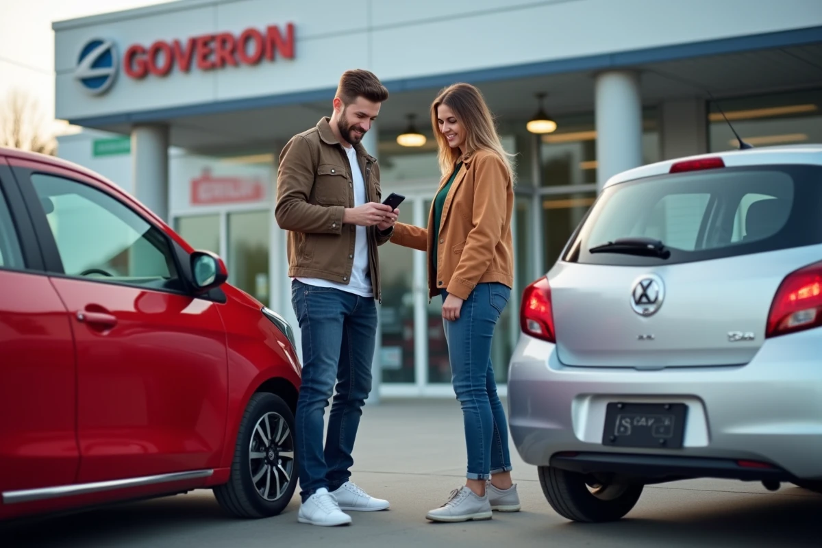 Couple comparant deux voitures neuves économiques dans le parking d'une concession