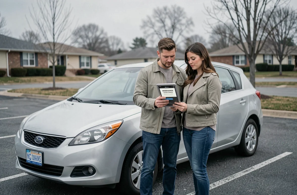Couple comparant des devis d'assurance voiture en ligne sur une tablette devant leur voiture dans un parking