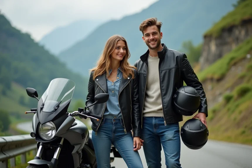 Couple souriant avec moto en montagne pour aventure moto