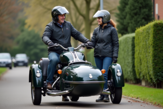 Couple avec casque et veste moto inspectant un sidecar moderne