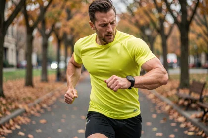 Coureur masculin consultant sa montre GPS pour convertir miles en kilomètres par heure lors d'un entraînement en parc urbain