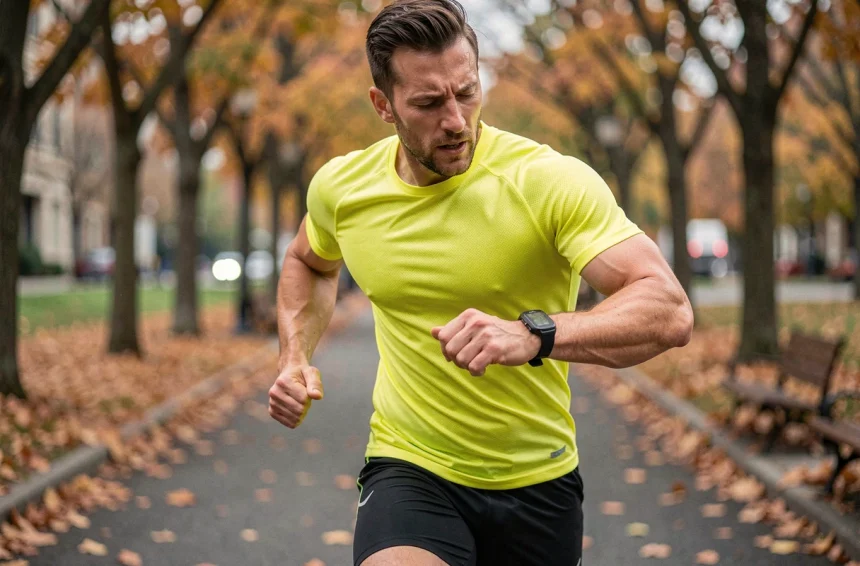 Coureur masculin consultant sa montre GPS pour convertir miles en kilomètres par heure lors d'un entraînement en parc urbain