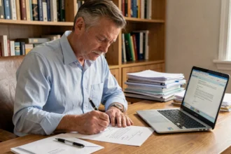 Homme rédigeant un courrier recommandé officiel à son bureau pour contester un abonnement Eurodatacar