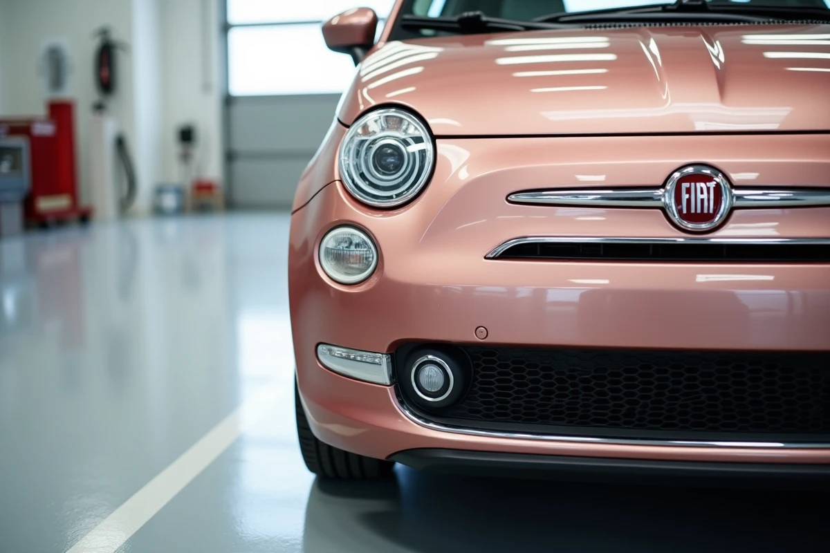 Détail de la carrosserie rose gold d'une Fiat 500, gros plan sur le phare et le badge avant