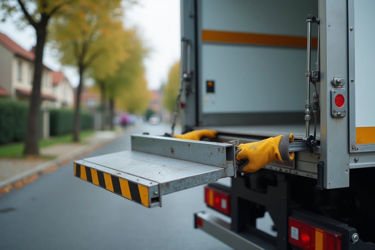 Détail du mécanisme de hayon hydraulique d'un camion de location 20m3 avec panneau de contrôle