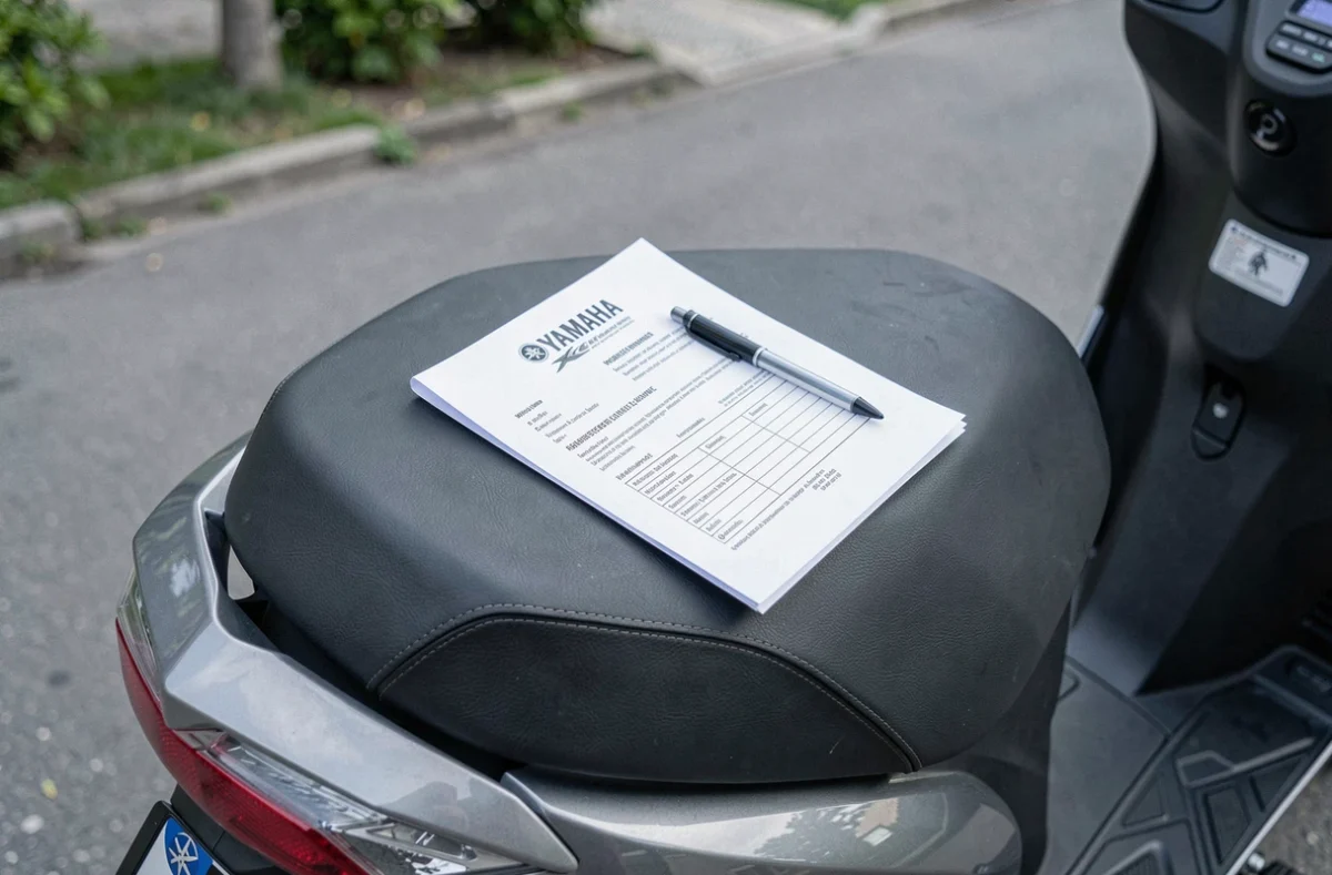 Document d'assurance et stylo posés sur la selle d'un scooter Yamaha Xmax 125 gris en extérieur