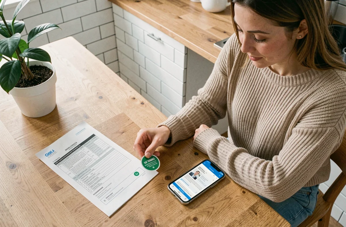 Femme consultant les documents d'assurance moto avec l'autocollant vignette sur une table