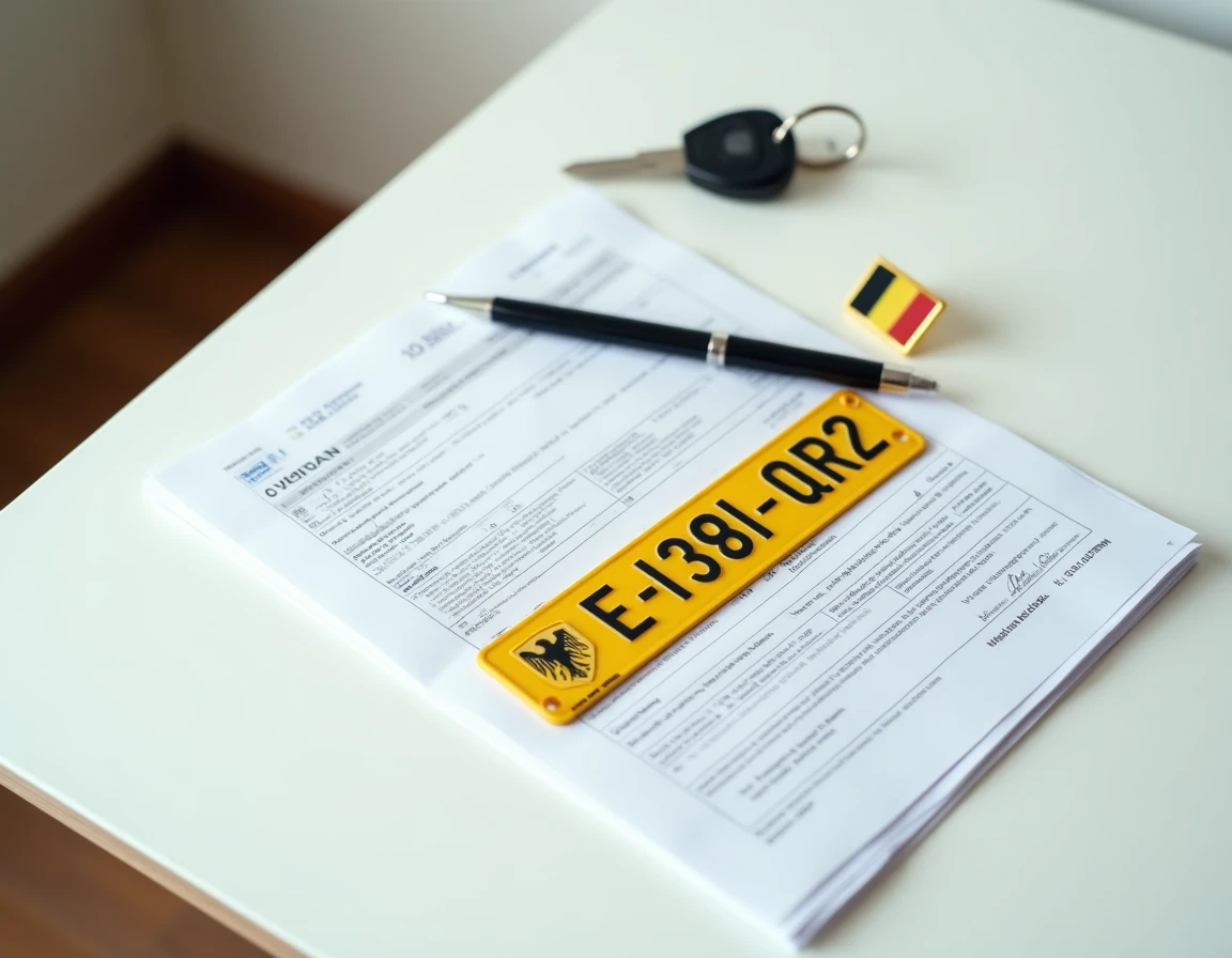 Vue en plongée des documents et de la plaque d'immatriculation belge pour l'enregistrement d'un véhicule en 2026