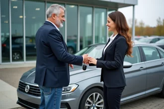 Homme d'âge moyen remettant les clés à une vendeuse souriante devant une voiture