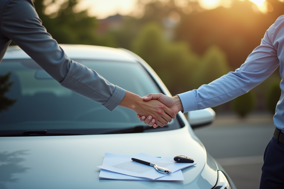 Personne et acheteur se serrant la main devant une voiture d'occasion propre