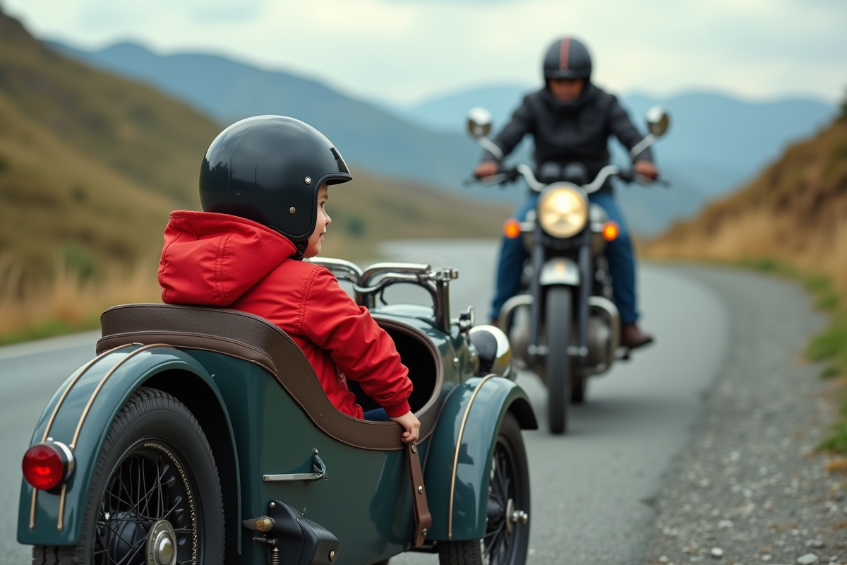 Jeune garçon dans un sidecar vintage en pleine nature