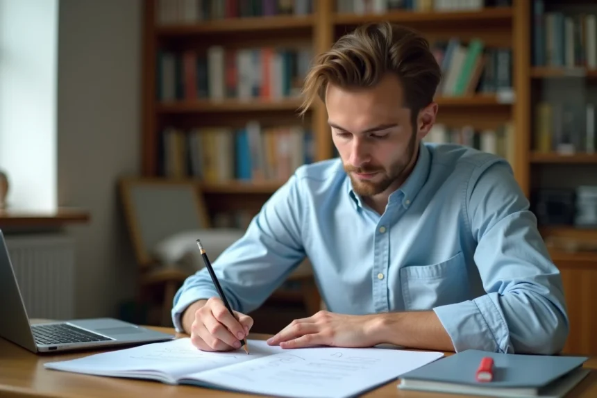 Jeune homme étudiant les questions officielles du permis de conduire 2026 sur un bureau en bois