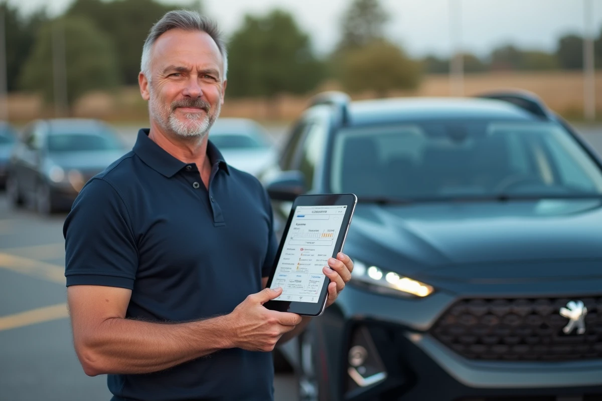 Expert automobile évaluant la cote d'une Peugeot 2026 sur un parking de reprise avec une tablette numérique