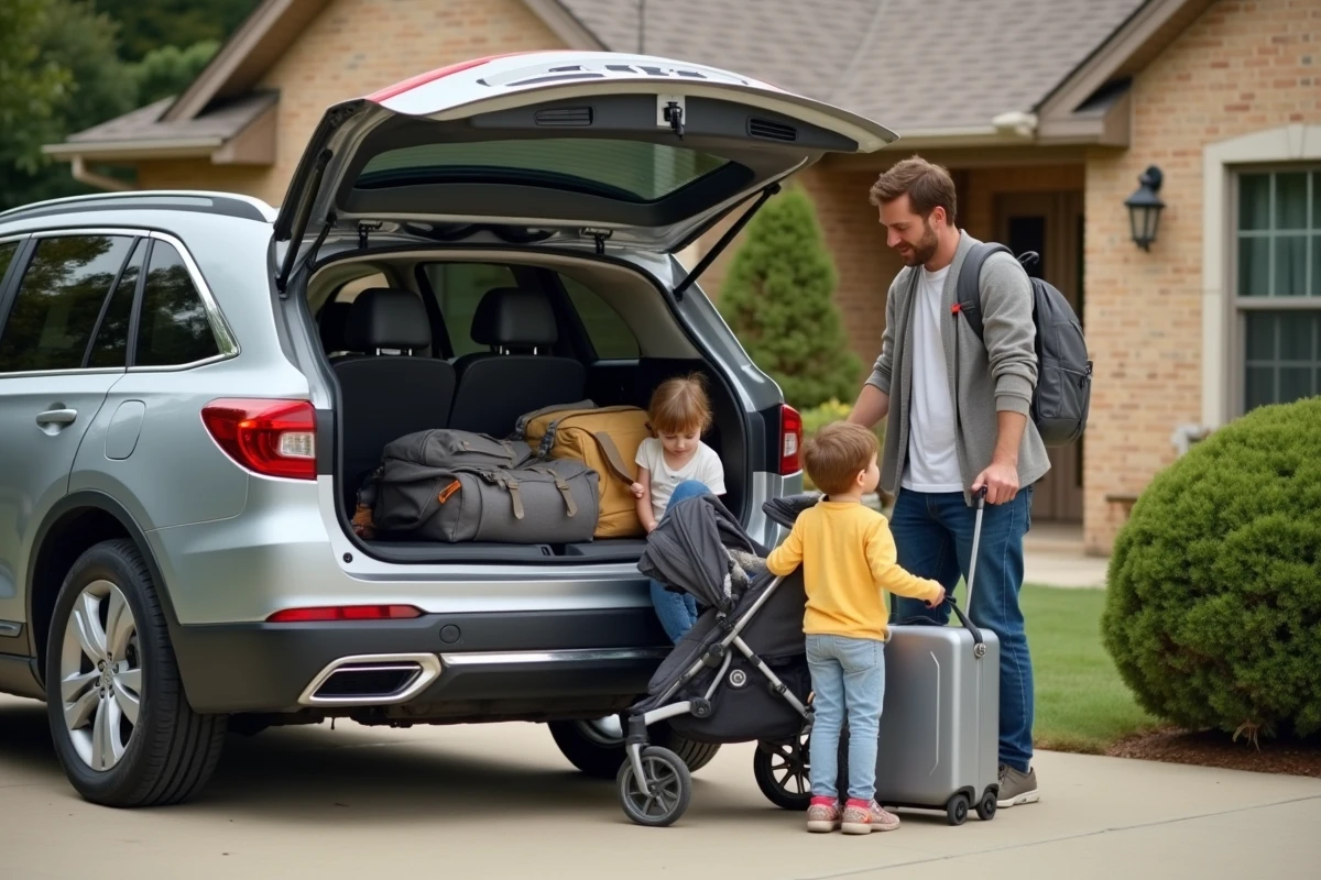 Famille chargeant des bagages dans un SUV familial spacieux dans une allée de banlieue