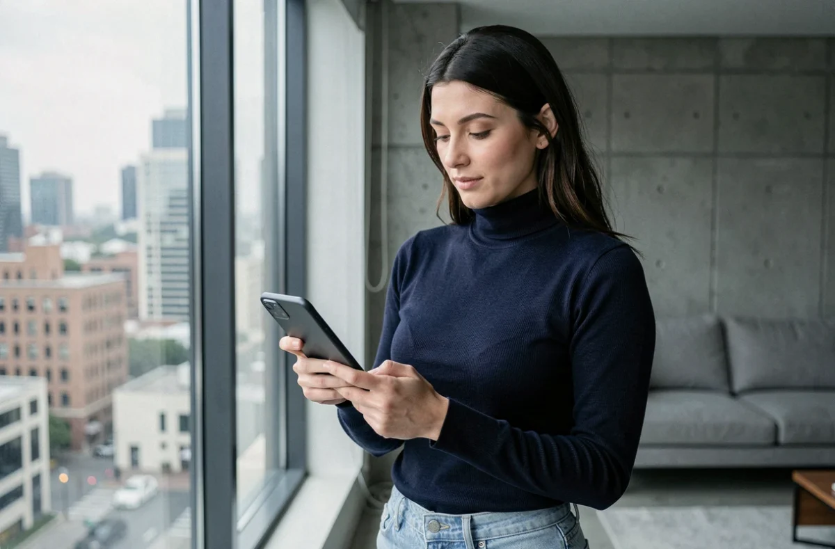 Femme lisant les dernières actualités Caradisiac sur smartphone dans un salon moderne
