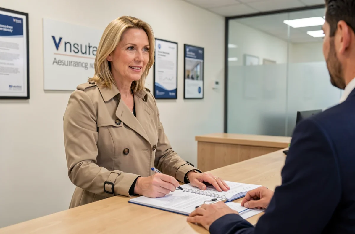Femme en agence d'assurance discutant de son contrat auto avec un conseiller