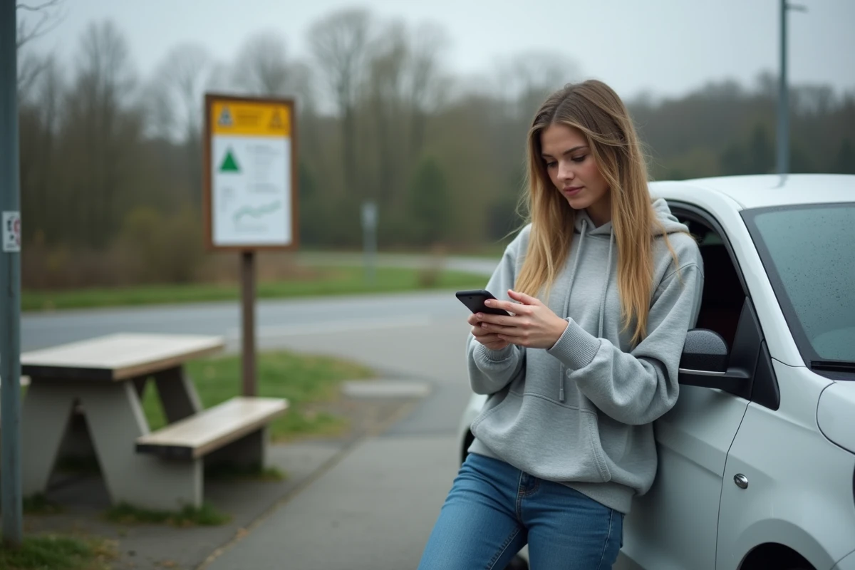Jeune femme consultant une application GPS sur smartphone à une aire de repos d'autoroute en France