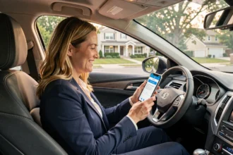 Femme souriante dans sa voiture consultant une assurance auto immédiate sur smartphone