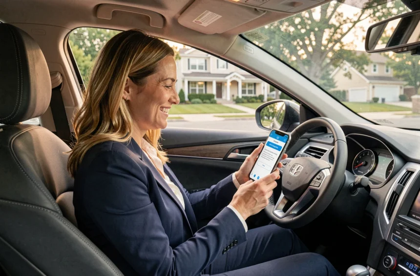 Femme souriante dans sa voiture consultant une assurance auto immédiate sur smartphone