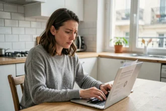 Femme consultant son contrat d'assurance voiture sur un ordinateur portable dans une cuisine moderne à Paris