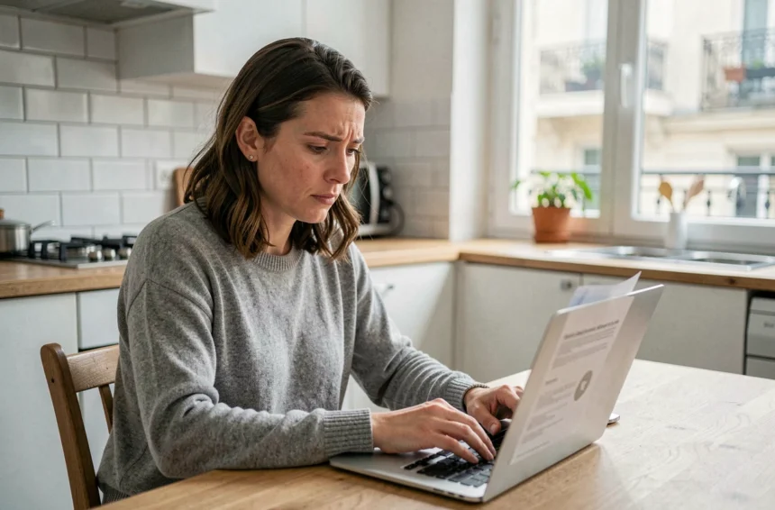 Femme consultant son contrat d'assurance voiture sur un ordinateur portable dans une cuisine moderne à Paris