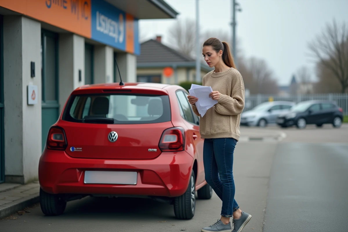 Femme attendant le passage au contrôle technique de sa voiture avec ses documents dans un centre de contrôle