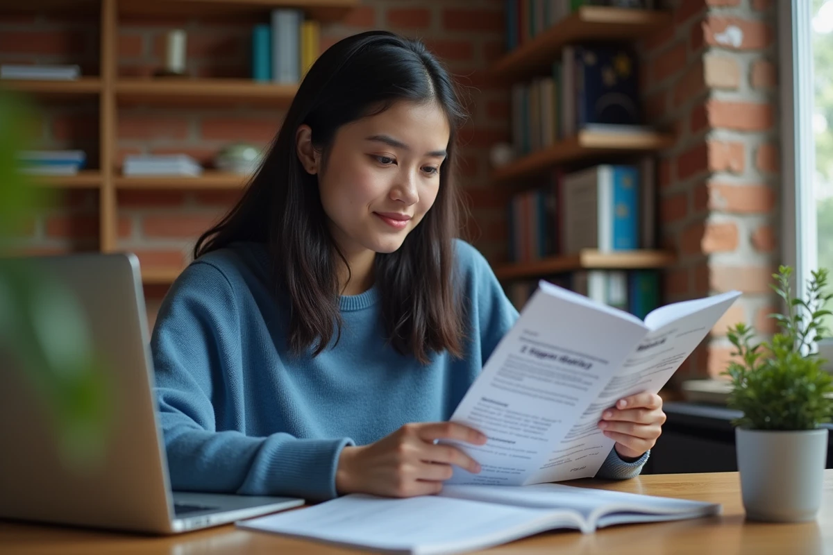 Jeune femme regardant un manuel de registration automobile européenne