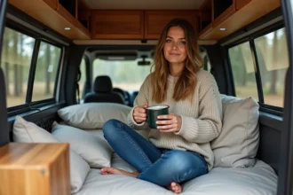 Jeune femme dans un van en forêt avec café chaud