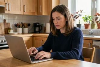 Femme comparant des offres d'assurance voiture pas chère sur un ordinateur portable dans une cuisine moderne