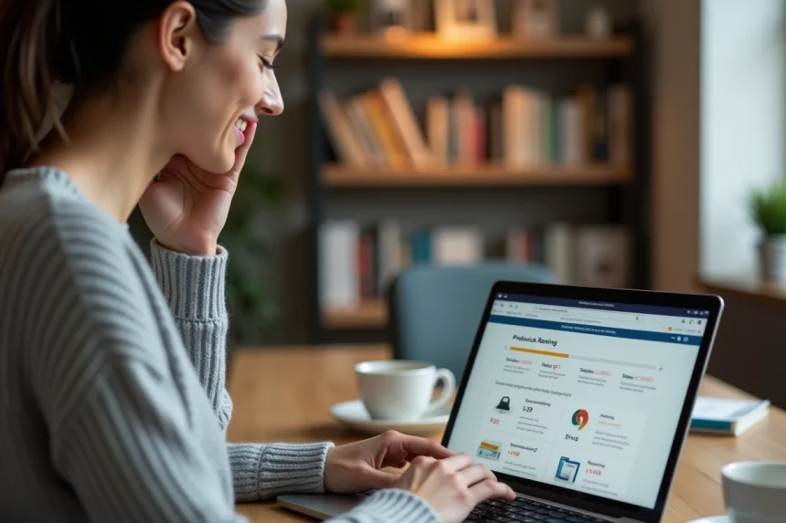 Femme comparant la fiabilité de modèles récents sur un site de conseil en ligne depuis son bureau à domicile