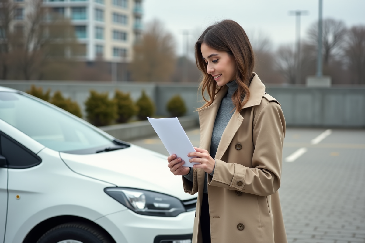 Femme contrôlant une voiture dans un parking extérieur