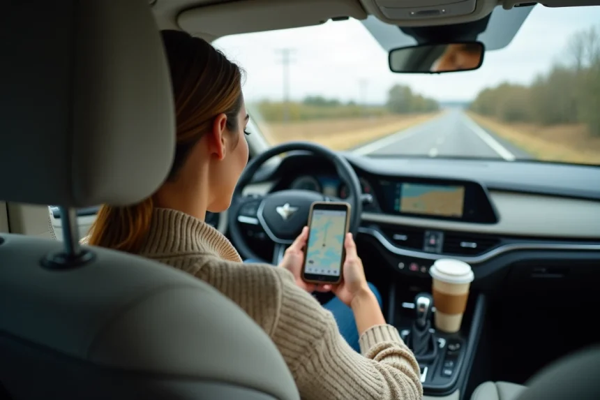 Femme en covoiturage utilisant une application mobile pour réduire le coût de son trajet en voiture